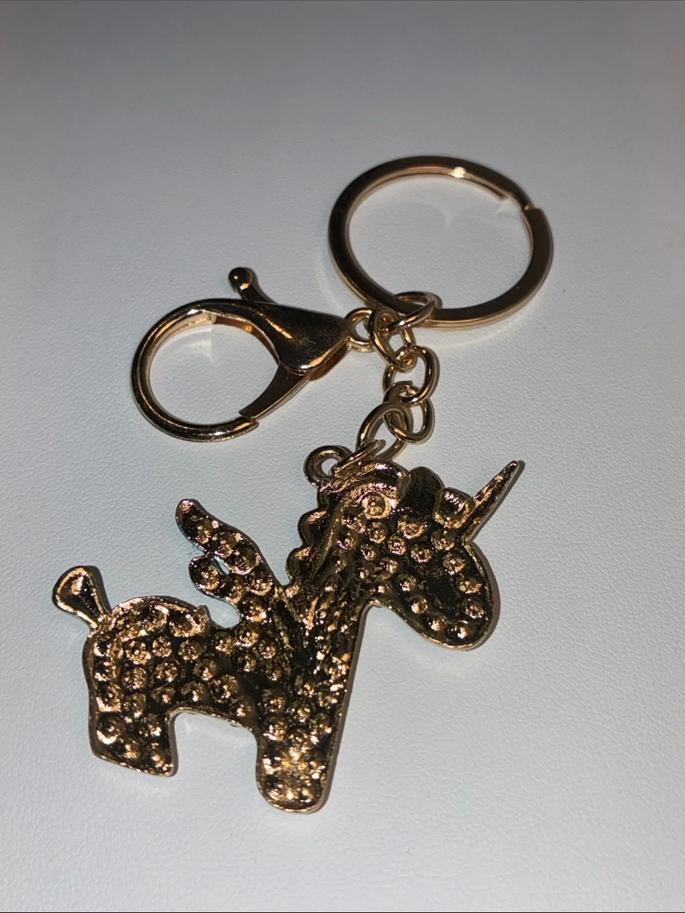 Gold Unicorn Keychain with Teal and Clear Crystal Accents